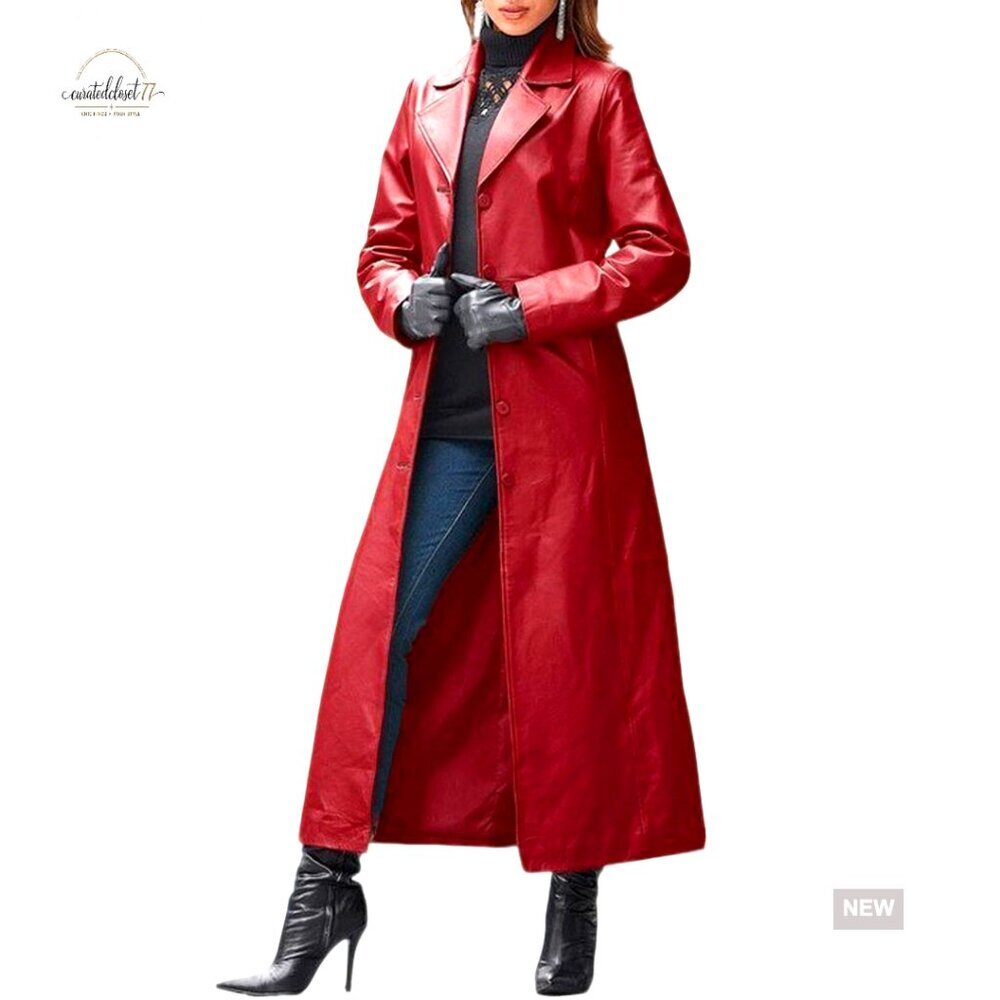 Faux Leather Trench Coat Classic Lapel Button Down Maxi Jacket Stylish Overcoat